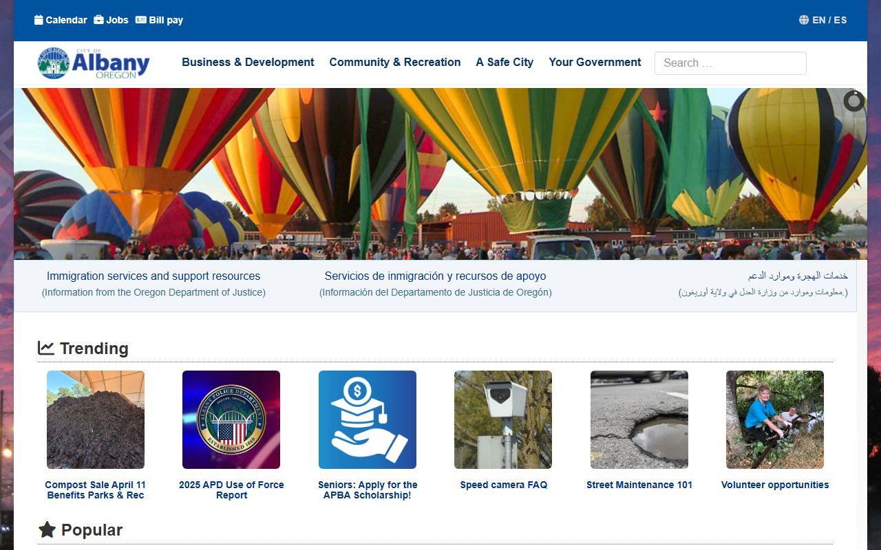 City of Albany main website with links to departments and public services