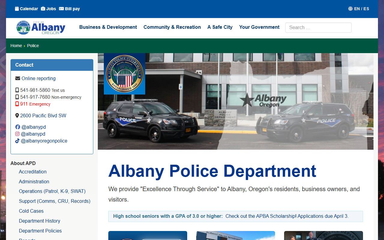 Albany Police Department main page with department information and contact details