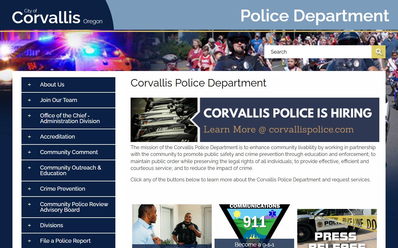 Corvallis Police Department main page with department services and contact information