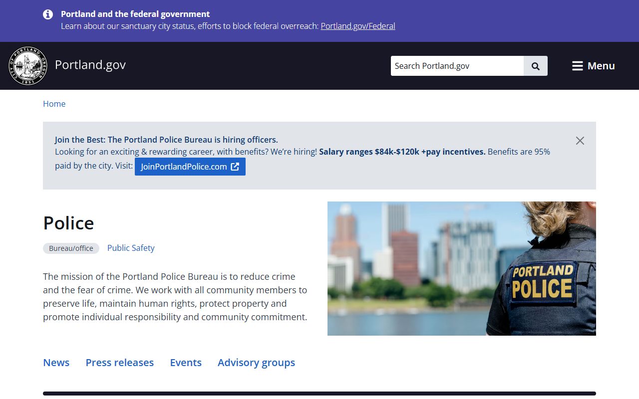 Portland Police Bureau official website with arrest and precinct information