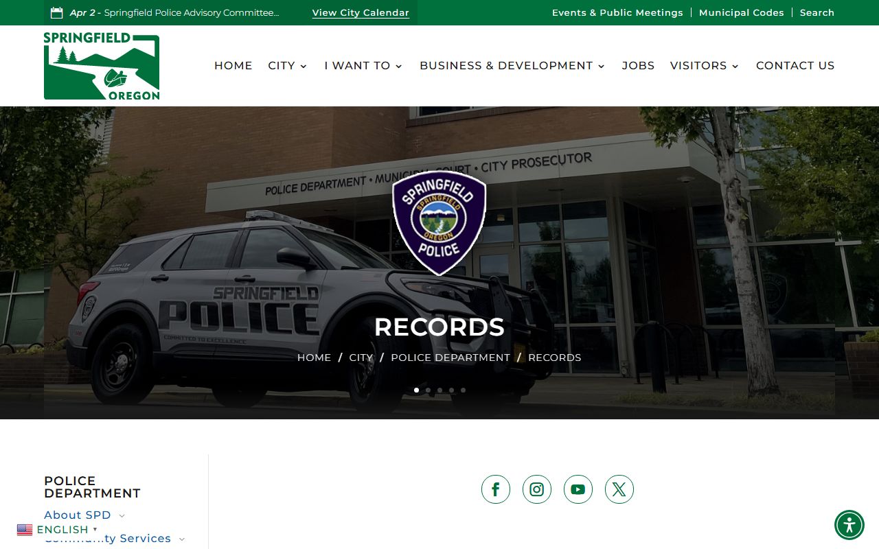 Springfield Police Department records request page for arrest records