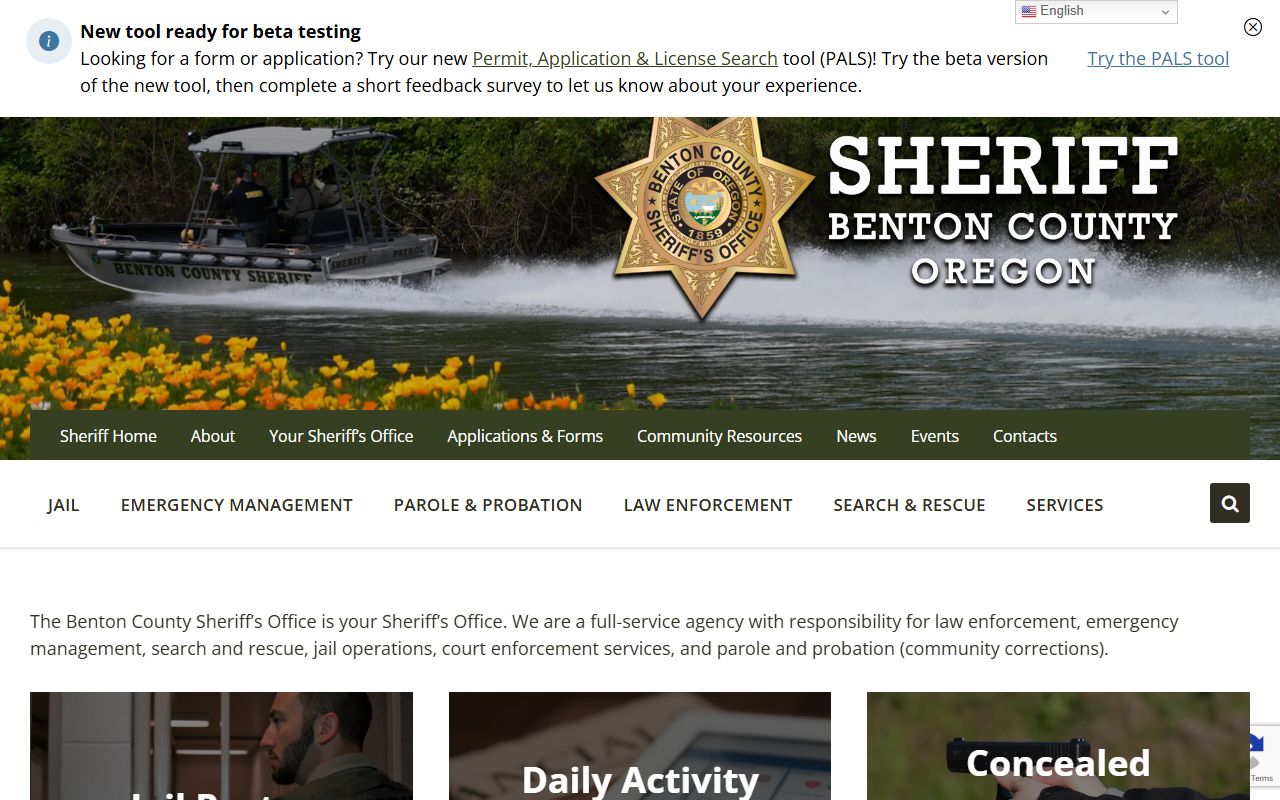 Benton County Sheriff's Office main website page for recent arrests and public records