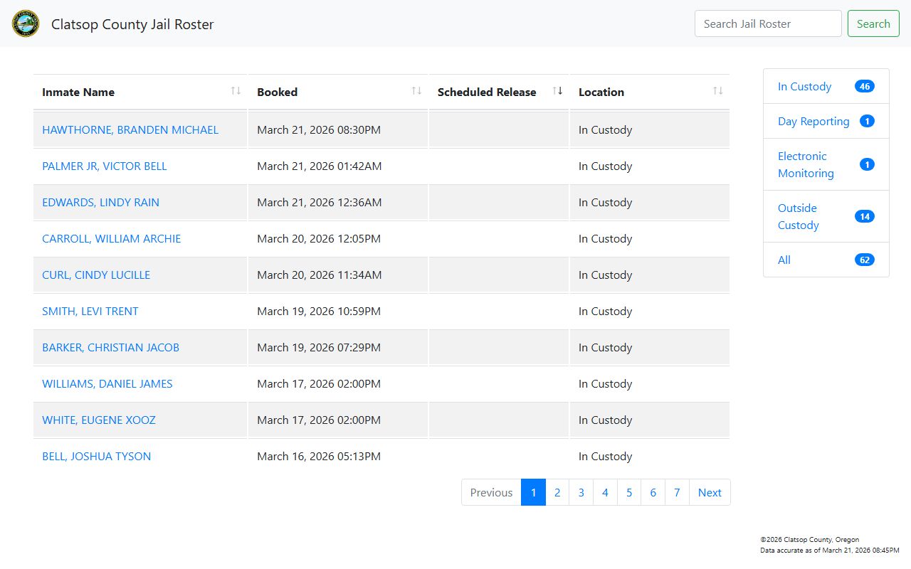 Clatsop County Sheriff jail roster search page for recent arrests
