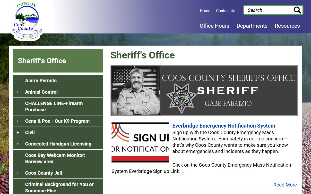 Coos County Sheriff's Office main website page for public records and recent arrests