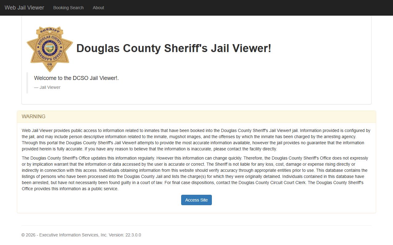 Douglas County Web Jail Viewer search page for recent arrests and bookings