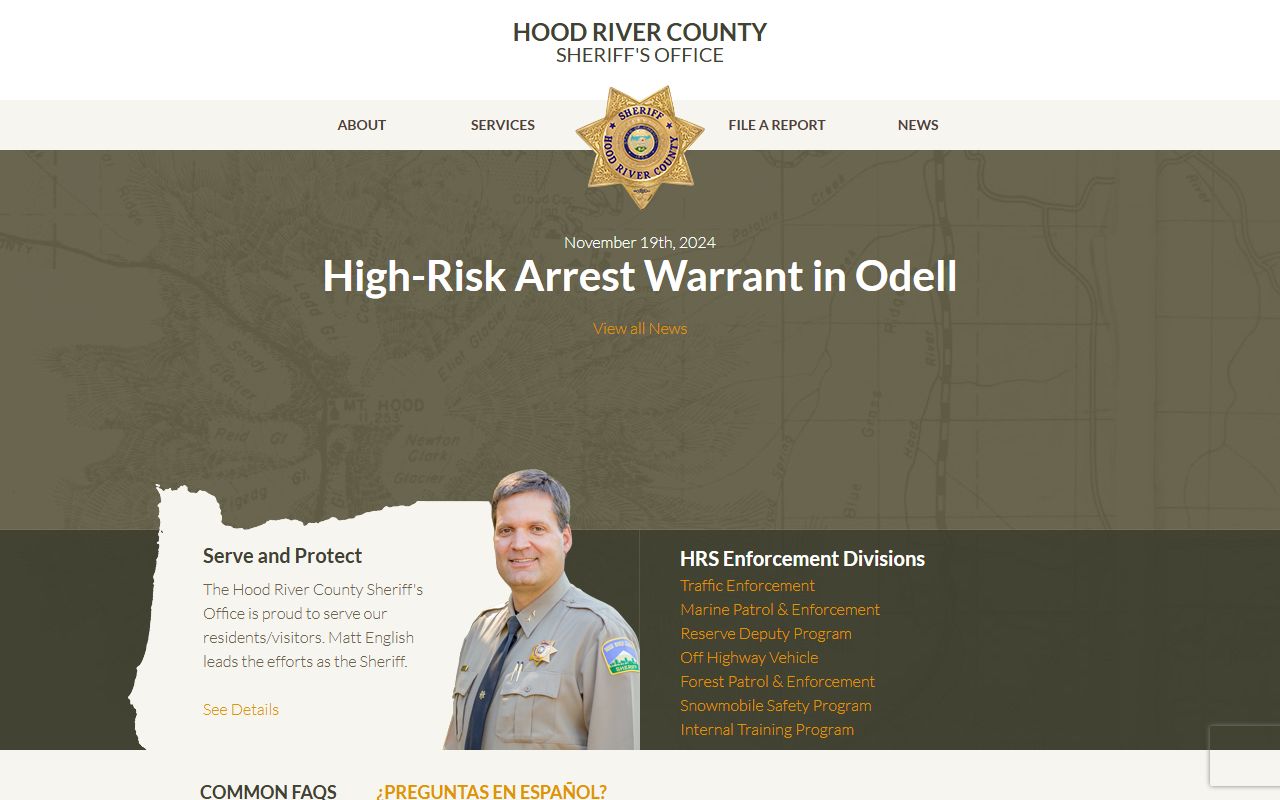 Hood River County Sheriff's Office website main page for recent arrests information