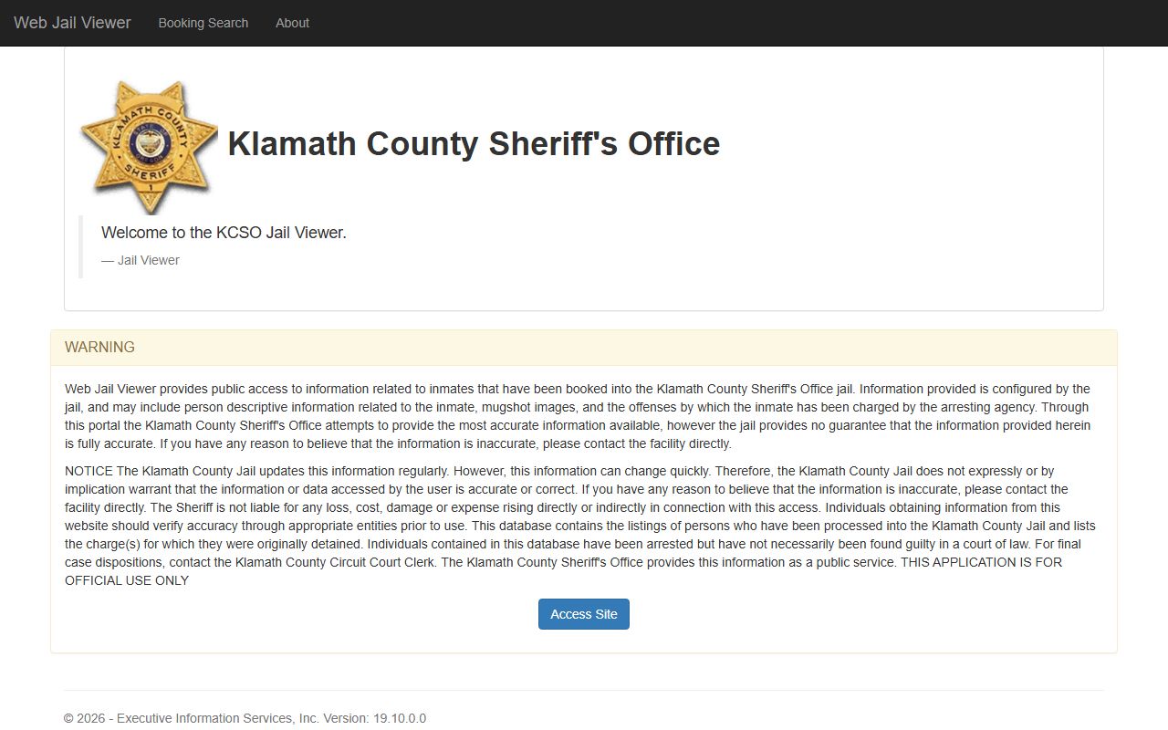Klamath County Web Jail Viewer for searching recent arrests and booking records
