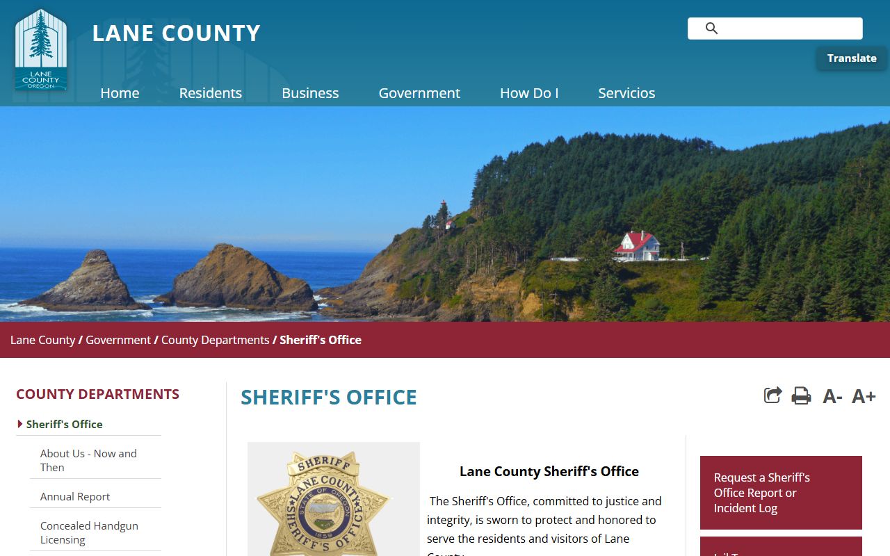 Lane County Sheriff's Office main website showing law enforcement services and jail information