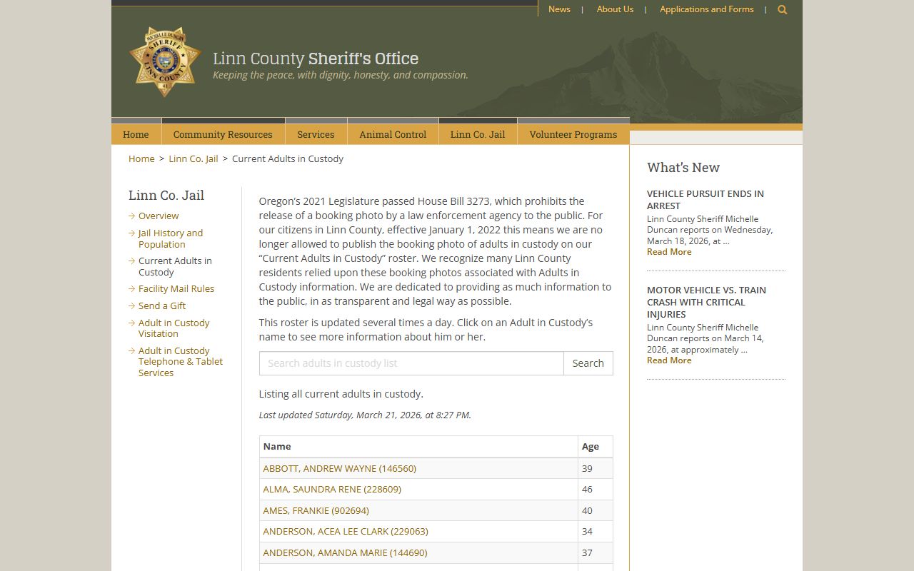 Linn County Sheriff current inmates page showing recent bookings and jail roster in Albany Oregon