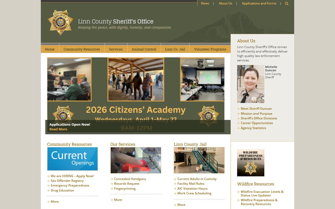 Linn County Sheriff Office main website with links to jail roster and law enforcement services