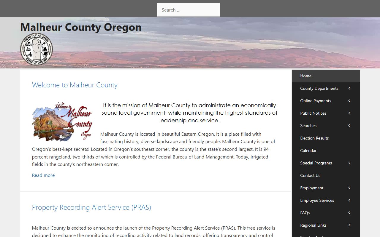 Malheur County Oregon main government website with links to departments and public records