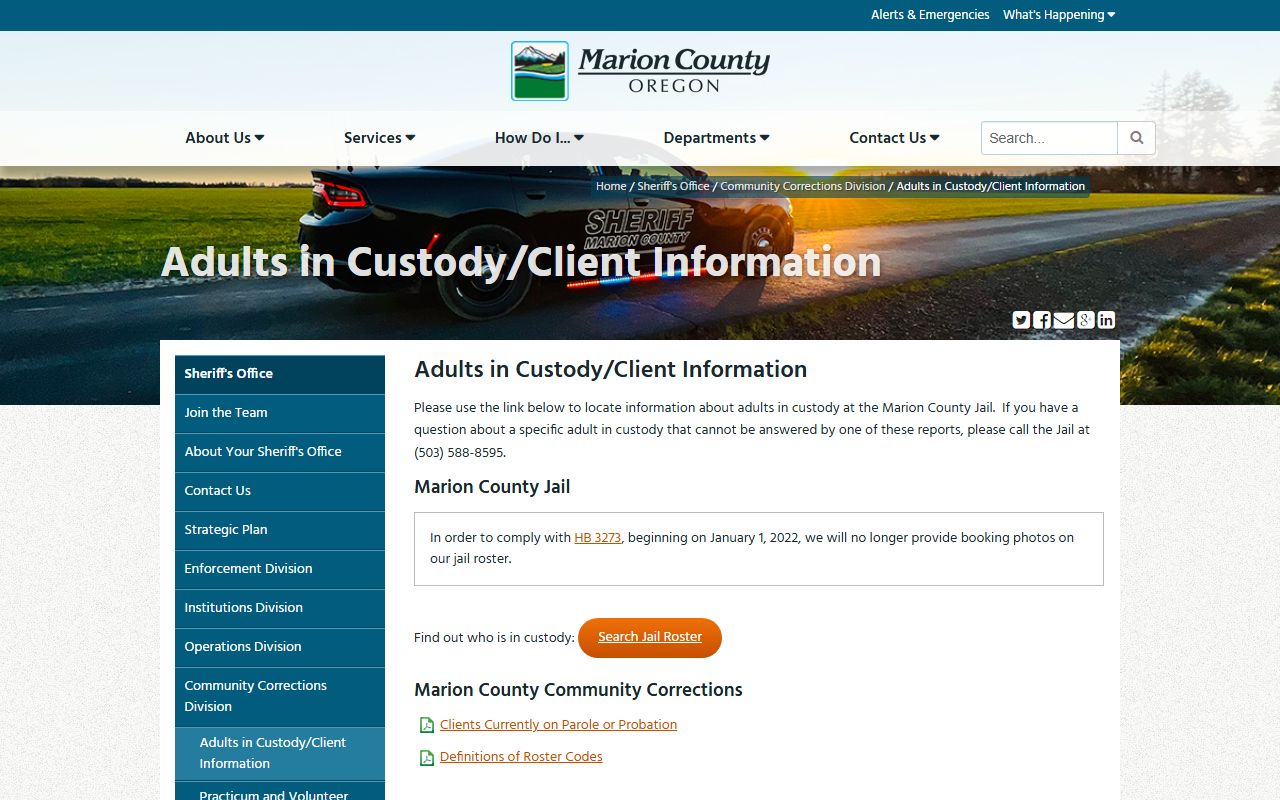 Marion County offender information search page for finding jail inmates and booking records