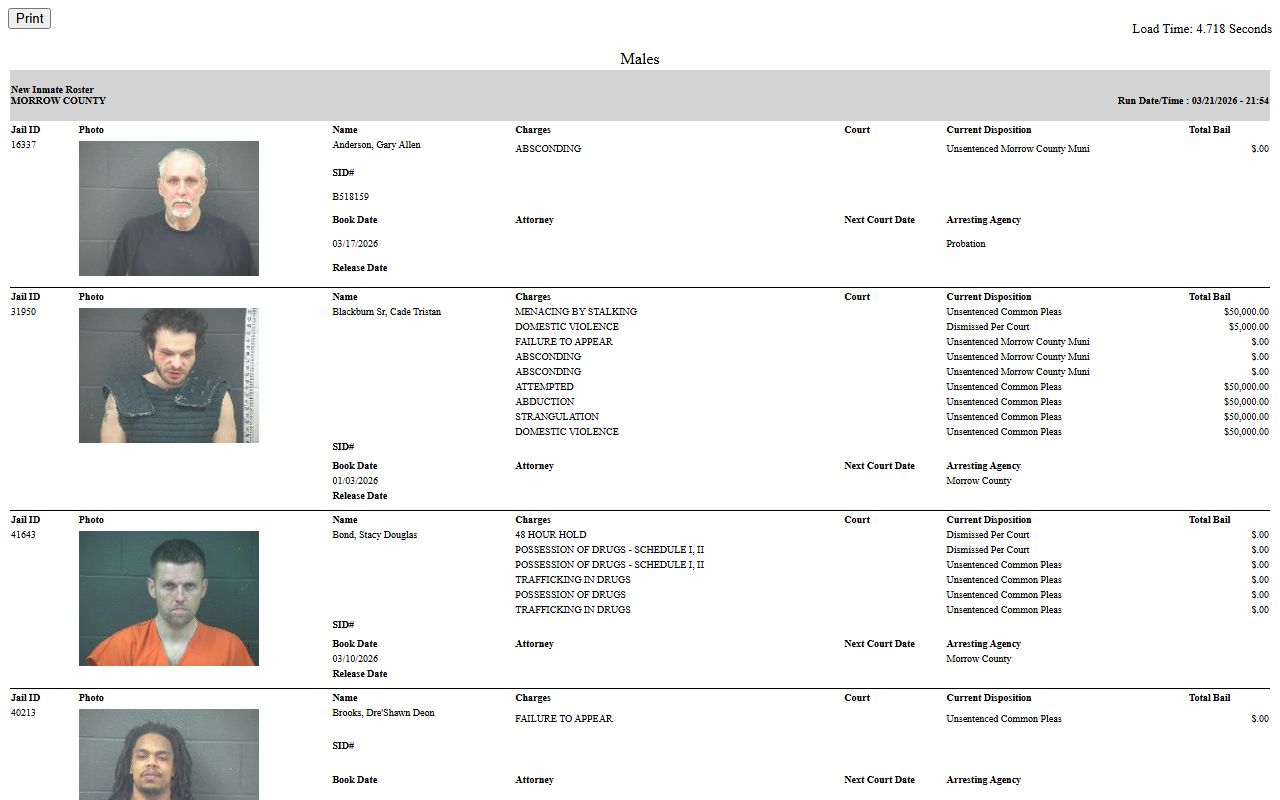 JDS jail roster system for searching Morrow County recent arrests and booking records