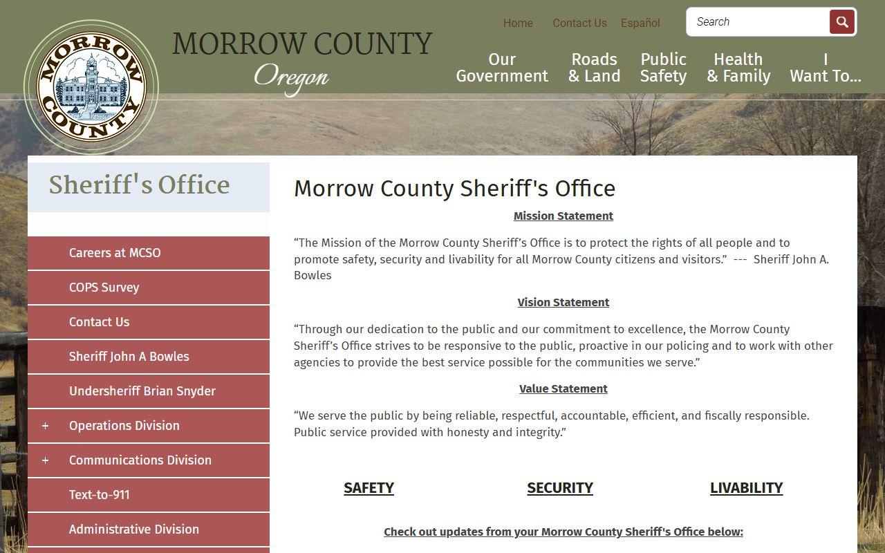 Morrow County Sheriff's Office main website page for recent arrests and public safety information