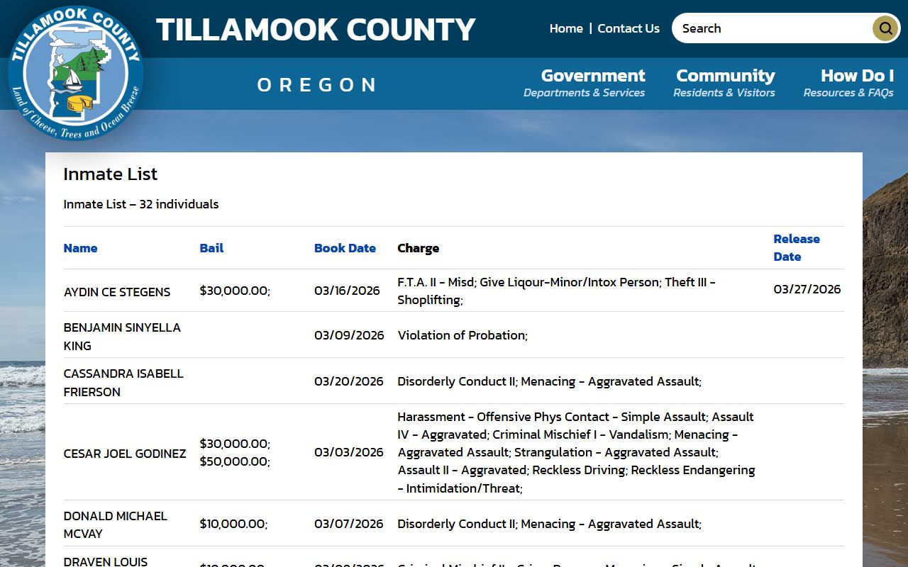 Tillamook County inmate list showing recent arrests with booking dates and charges