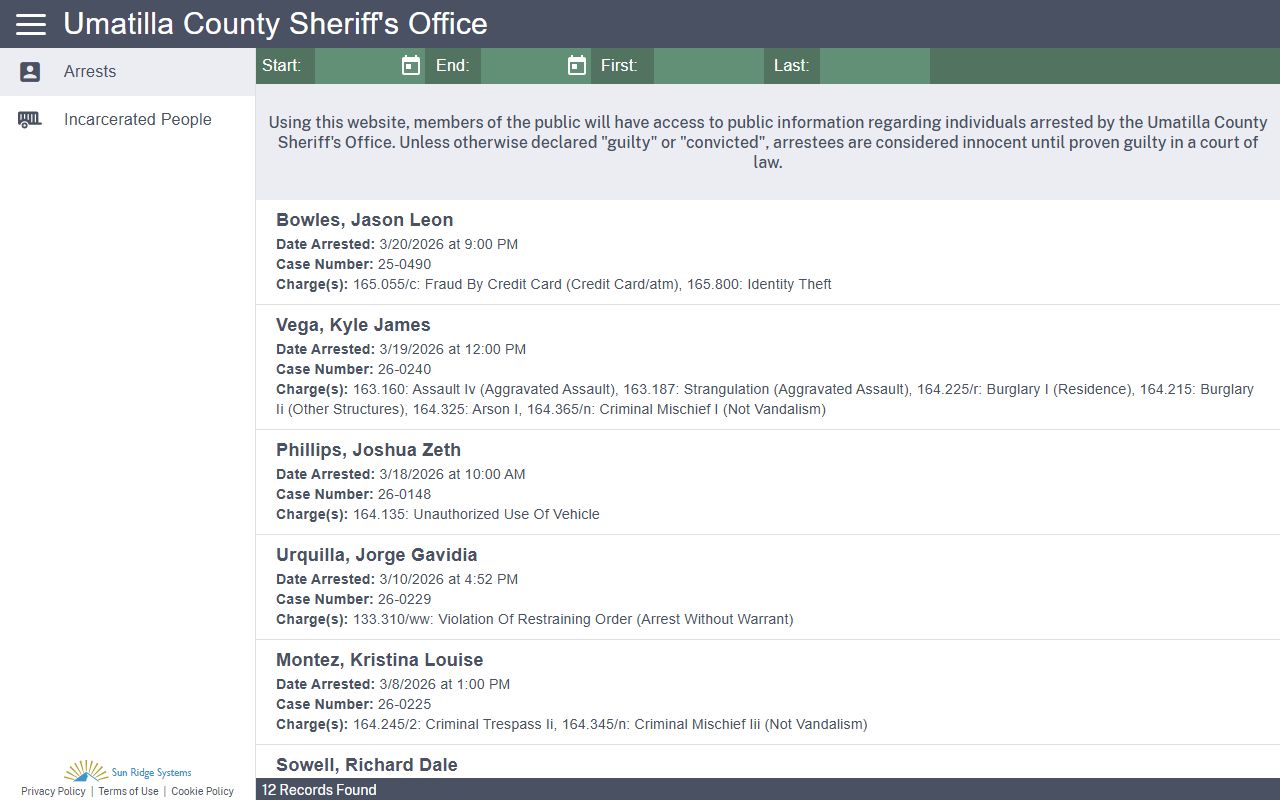 CrimeGraphics jail roster system showing Umatilla County recent arrests and current inmates