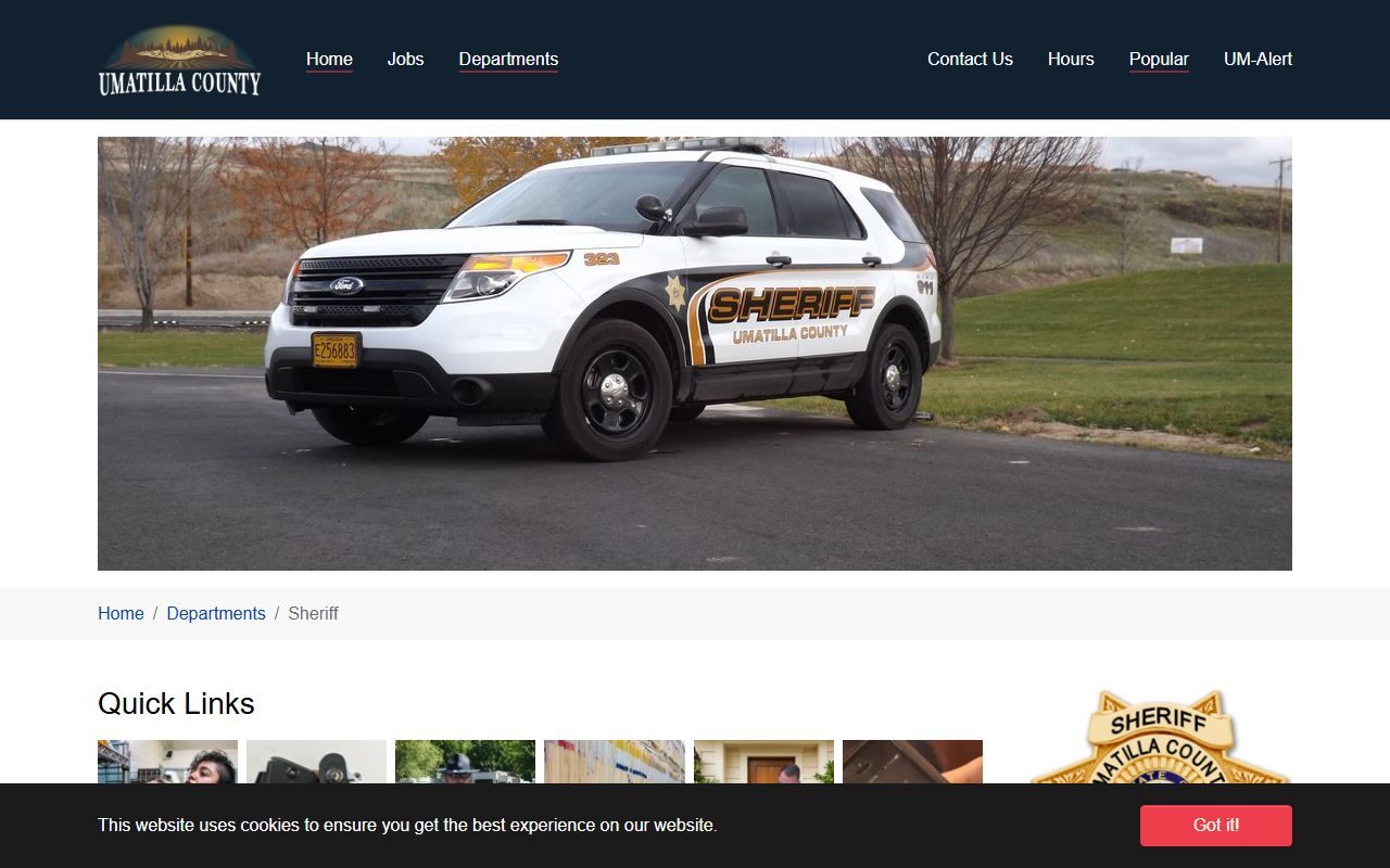 Umatilla County Sheriff main page showing office information and arrest record resources