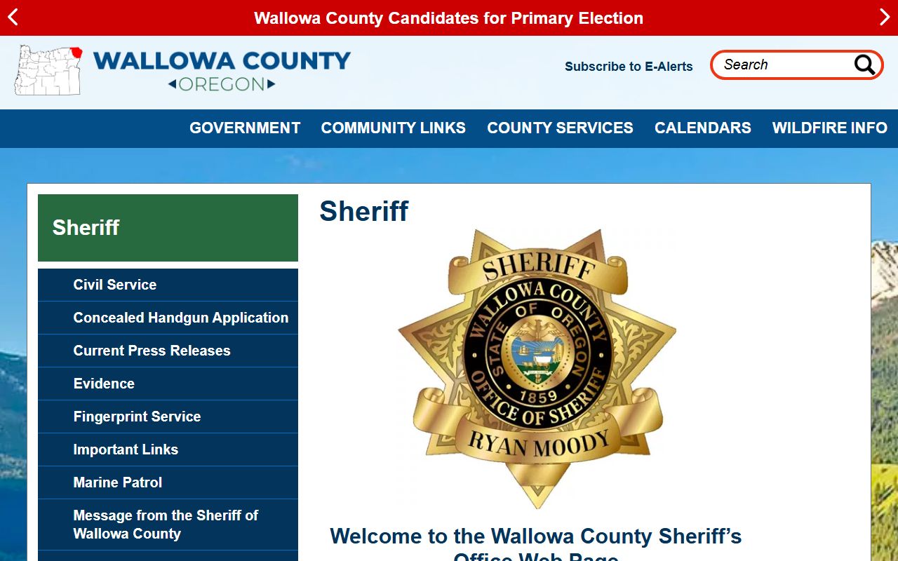 Wallowa County Sheriff's Office website showing contact information and recent arrests resources
