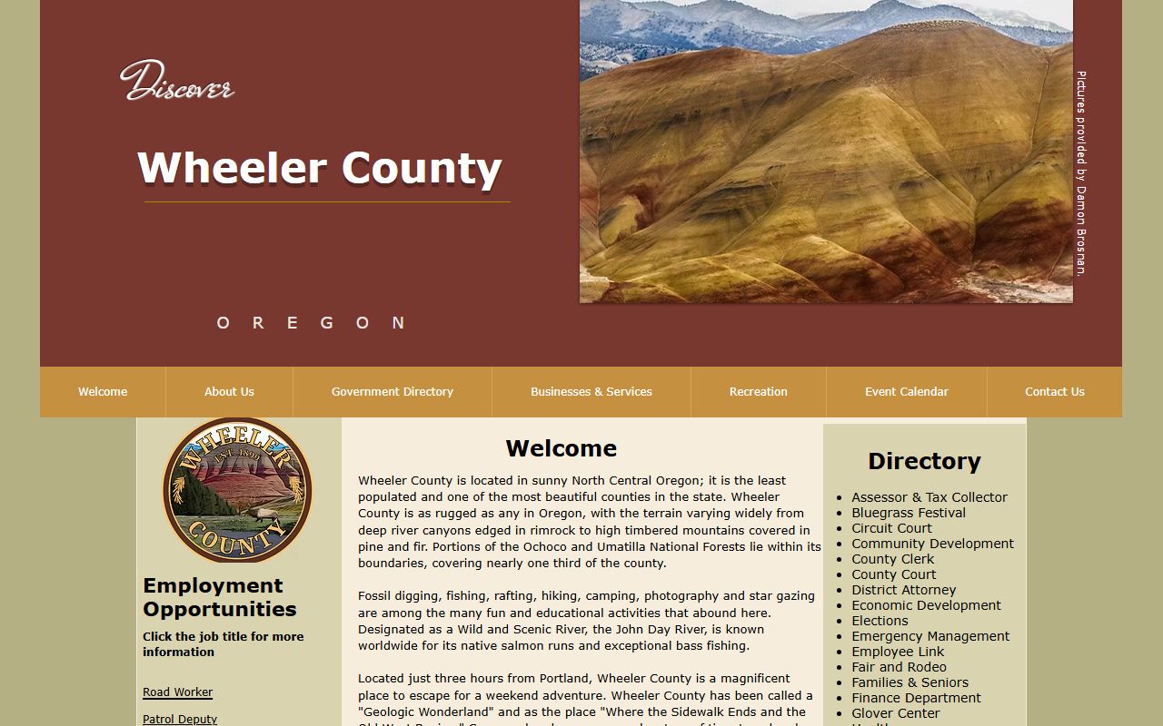 Wheeler County main government website showing county departments and access to recent arrests information