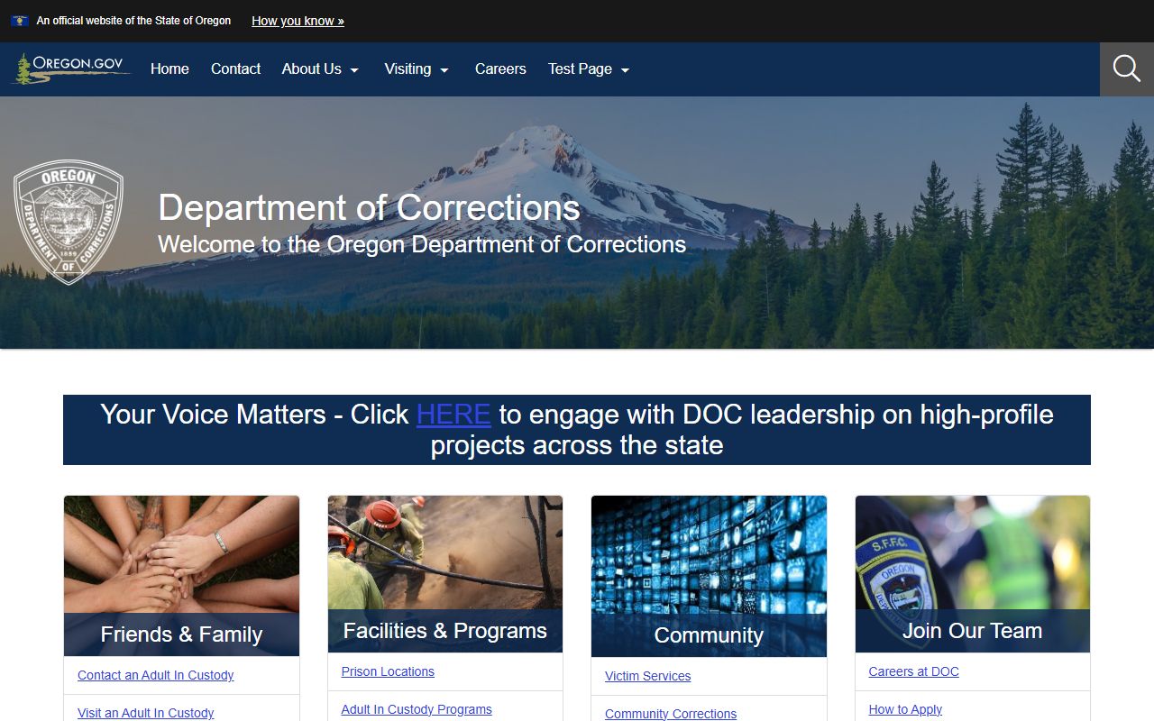 Oregon Department of Corrections main page for recent arrest and custody data