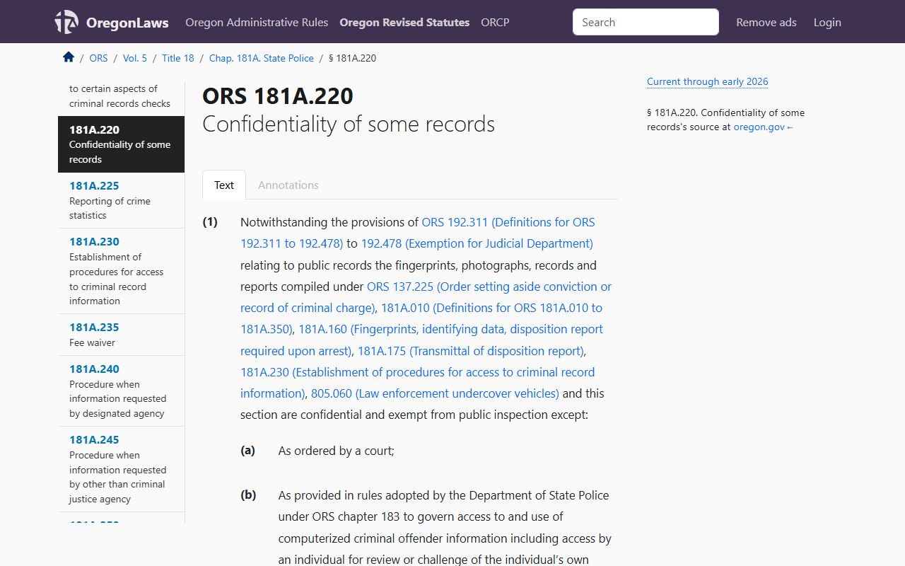Oregon ORS 181A.220 criminal history confidentiality for recent arrest records