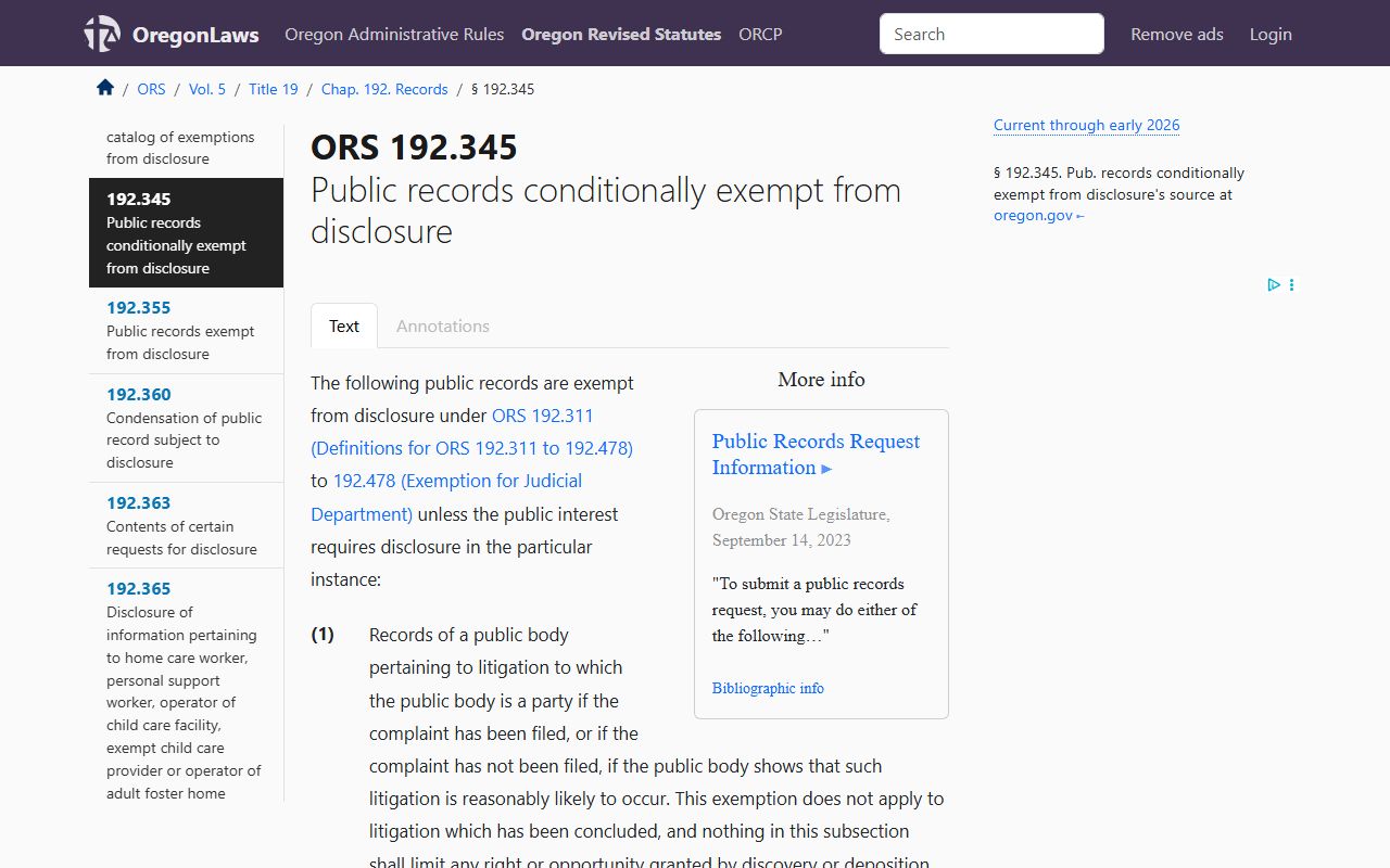 Oregon ORS 192.345 public records exemptions for recent arrest data