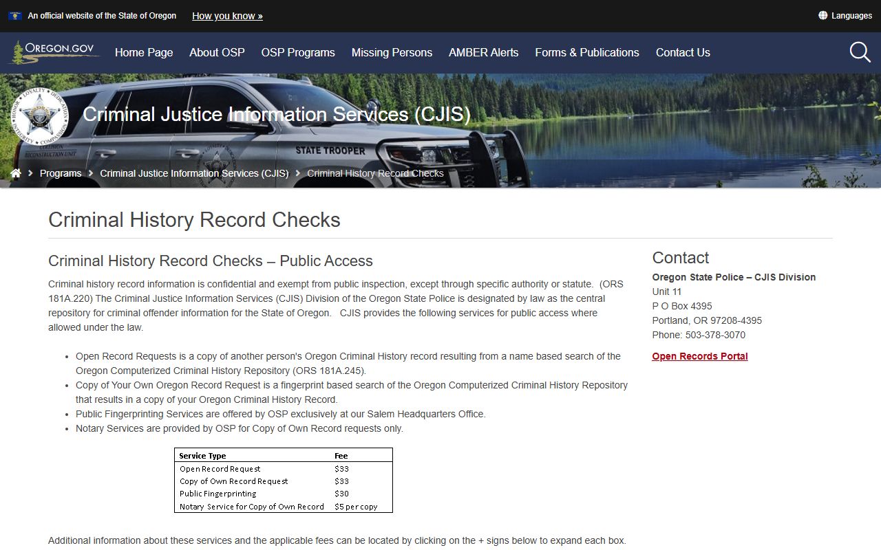 Oregon State Police CJIS page for recent arrest record checks